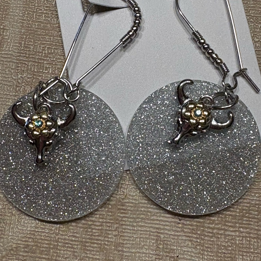 Silver Glitter Bull Earrings